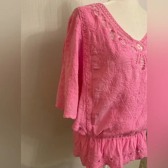 Democracy Pink Textured Blouse with Lace Accents - Picture 3 of 7